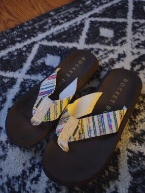 Rocket Dog Multicolor Striped Strap Flip Flops with Black Footbed
